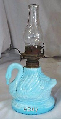 RARE Antique Blue Milk Glass SWAN Figural MINIATURE OIL LAMP with Shade COMPLETE