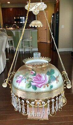 RARE Antique Charles Parker Hanging Parlor Oil Lamp Library Gorgeous Electrified