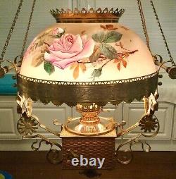 RARE Antique Charles Parker Hanging Parlor Oil Lamp Library Gorgeous Electrified