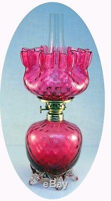 RARE Antique Cranberry Diamond Pattern Art Glass Miniature Oil Lamp, S1-527