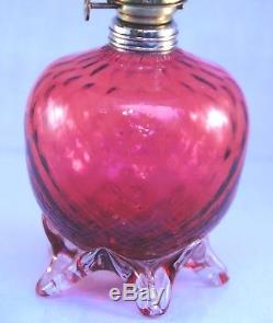 RARE Antique Cranberry Diamond Pattern Art Glass Miniature Oil Lamp, S1-527