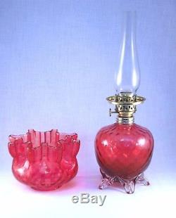 RARE Antique Cranberry Diamond Pattern Art Glass Miniature Oil Lamp, S1-527