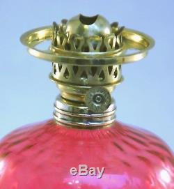 RARE Antique Cranberry Diamond Pattern Art Glass Miniature Oil Lamp, S1-527