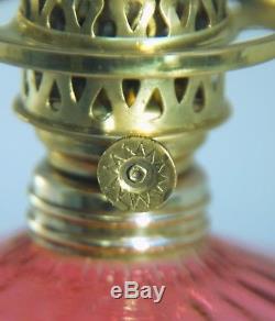 RARE Antique Cranberry Diamond Pattern Art Glass Miniature Oil Lamp, S1-527