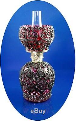 RARE Antique Cranberry Opales. Snowflake Mini Oil Lamp, with Metal Filigree S1-474