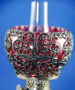 RARE Antique Cranberry Opales. Snowflake Mini Oil Lamp, with Metal Filigree S1-474