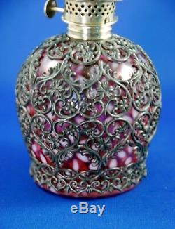 RARE Antique Cranberry Opales. Snowflake Mini Oil Lamp, with Metal Filigree S1-474