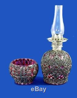 RARE Antique Cranberry Opales. Snowflake Mini Oil Lamp, with Metal Filigree S1-474