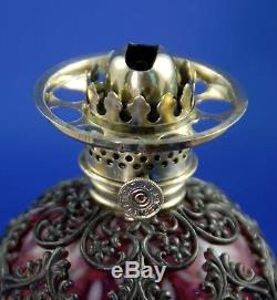 RARE Antique Cranberry Opales. Snowflake Mini Oil Lamp, with Metal Filigree S1-474