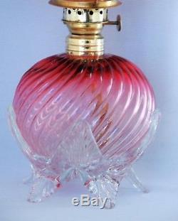 RARE Antique Cranberry Ribbied Swirl Art Glass Miniature Oil Lamp, S1-539