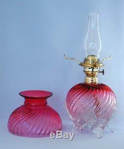 RARE Antique Cranberry Ribbied Swirl Art Glass Miniature Oil Lamp, S1-539