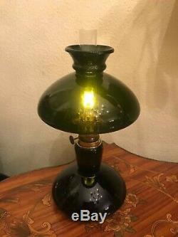 RARE Antique Danish Holmegaard kerosene Oil Lamp BEAUTIFUL Green Glass