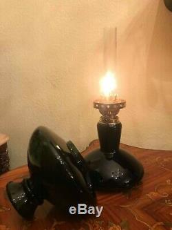 RARE Antique Danish Holmegaard kerosene Oil Lamp BEAUTIFUL Green Glass