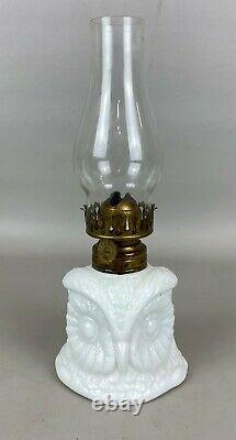 RARE Antique Figural Owl Head Miniature Milk Glass Kerosene Oil Lamp