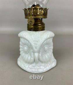 RARE Antique Figural Owl Head Miniature Milk Glass Kerosene Oil Lamp