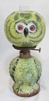 RARE Antique GREEN OWL Milk Glass MINIATURE FIGURAL OIL LAMP Complete BROWN EYES