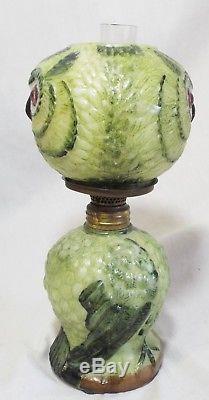 RARE Antique GREEN OWL Milk Glass MINIATURE FIGURAL OIL LAMP Complete BROWN EYES