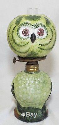 RARE Antique GREEN OWL Milk Glass MINIATURE FIGURAL OIL LAMP Complete BROWN EYES