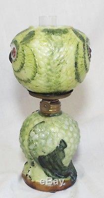 RARE Antique GREEN OWL Milk Glass MINIATURE FIGURAL OIL LAMP Complete BROWN EYES