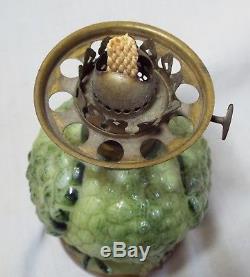 RARE Antique GREEN OWL Milk Glass MINIATURE FIGURAL OIL LAMP Complete BROWN EYES