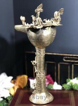 RARE Antique Hindu Oil Lamp Tibetan Trad. Indian Brass Cast Dorka 12.75 TALL