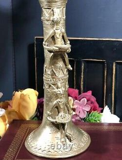 RARE Antique Hindu Oil Lamp Tibetan Trad. Indian Brass Cast Dorka 12.75 TALL