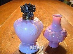 RARE Antique Miniature Pink Opaque Oil Lamp with Shell Motif & P&A Burner