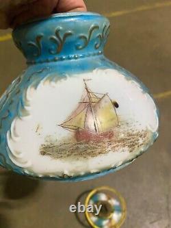 RARE Antique Painted and Embossed Hurricane Oil Lamp w Ship Design 13t