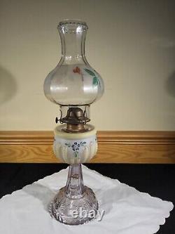 RARE Antique Turkey Foot or Plume 1890s Oil Lamp Frosted Hand Painted Flowers