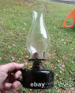 RARE DARK OLIVE GREEN BLACKGLASS 1880s STAR & DIAMOND KEROSENE FINGER LAMP NICE