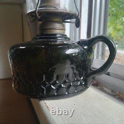 RARE DARK OLIVE GREEN BLACKGLASS 1880s STAR & DIAMOND KEROSENE FINGER LAMP NICE