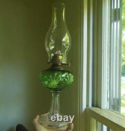 RARE EMERALD GREEN RIVERSIDE FERN OIL LAMP 1890s ORIGINAL WITH CLEAR FANCY BASE