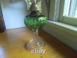 RARE EMERALD GREEN RIVERSIDE FERN OIL LAMP 1890s ORIGINAL WITH CLEAR FANCY BASE