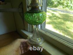 RARE EMERALD GREEN RIVERSIDE FERN OIL LAMP 1890s ORIGINAL WITH CLEAR FANCY BASE