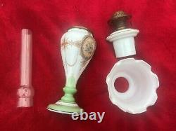 RARE! French Antique Oil Kerosene Victorian Lamp white Green gold Lamp Opaline