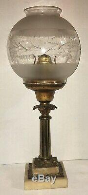 RARE HUGE Antique Brass Astral Lamp Solar Lamp withCut Shade Marble