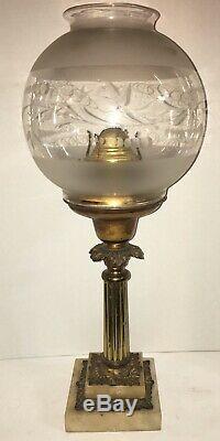 RARE HUGE Antique Brass Astral Lamp Solar Lamp withCut Shade Marble