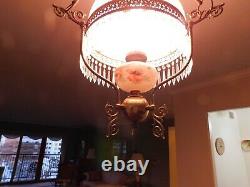 RARE Hand Painted 1800s Victorian Oil Lamp Style Brass Chandelier Poppy Theme