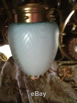 RARE! Herringbone hanging oil lamp blue mother pearl jewels dragons Victorian