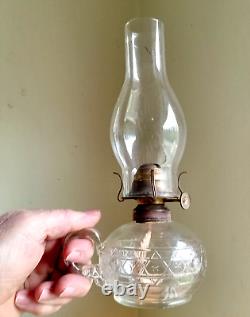 RARE JEWISH STAR OF DAVID 1870s APPLIED HANDLE OIL LAMP 1883 BURNER & CHIMNEY