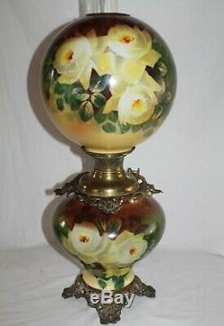 RARE LARGE Antique Gone with the Wind Oil Lamp with ROSES- 12 Shade (GWTW Lamp)