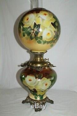 RARE LARGE Antique Gone with the Wind Oil Lamp with ROSES- 12 Shade (GWTW Lamp)