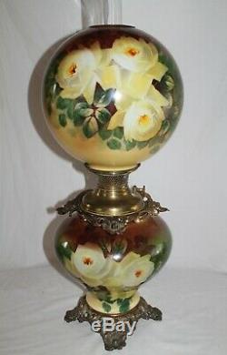 RARE LARGE Antique Gone with the Wind Oil Lamp with ROSES- 12 Shade (GWTW Lamp)