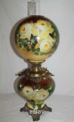 RARE LARGE Antique Gone with the Wind Oil Lamp with ROSES- 12 Shade (GWTW Lamp)