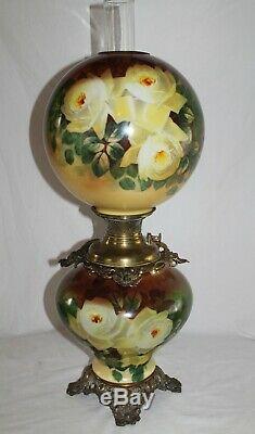 RARE LARGE Antique Gone with the Wind Oil Lamp with ROSES- 12 Shade (GWTW Lamp)