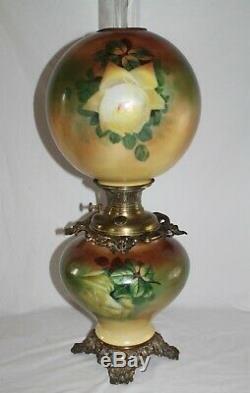 RARE LARGE Antique Gone with the Wind Oil Lamp with ROSES- 12 Shade (GWTW Lamp)