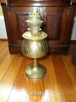 RARE! Lamp Antique Oil / Kerosene Brass with Holly Leaves & Berries Design