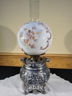 RARE Miller Sons NY P&A Duplex Oil Lamp Heavy Figural Cherub Angels Filigree
