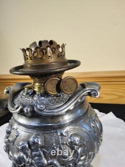 RARE Miller Sons NY P&A Duplex Oil Lamp Heavy Figural Cherub Angels Filigree