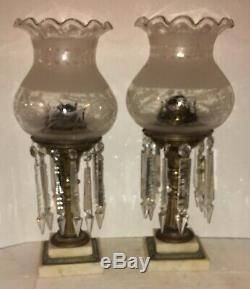 RARE PAIR of Antique Brass Astral Lamp Solar Lamps withCut Shades Prisms Marble
